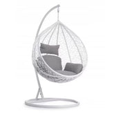 Hectarul - Scaun suspendat tip scoica din ratan, terasa/ balcon, perne gri, cadru otel alb, 105x105x196 cm